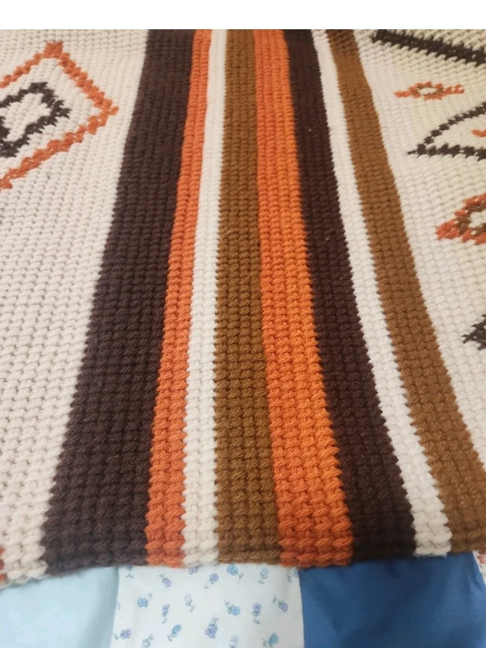 Vtg 70s Southwest Crochet Afghan Blanket Earth Tones Geo Diamond Throw 68x49
